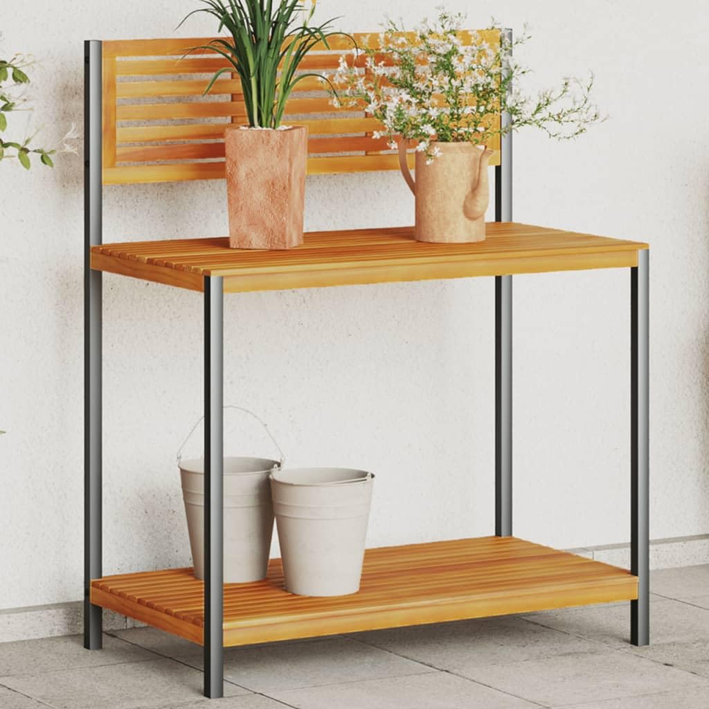 vidaXL Garten Arbeitstisch, Pflanztisch mit Aufkantung, Gärtnertisch für Garten Terrasse Balkon, Blumentisch, Massivholz Akazie Stahl