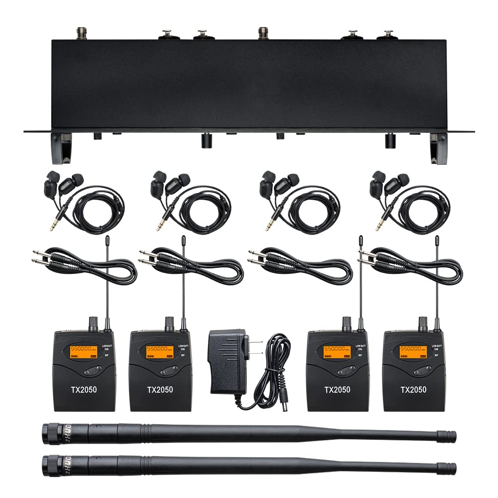 Sistema de monitor inalámbrico en el oído UHF 4 Bodypacks JX2050 Grabación de auriculares de estudio Transmisor de monitor de frecuencia de 2 canales para escenario, banda de iglesia, músicos