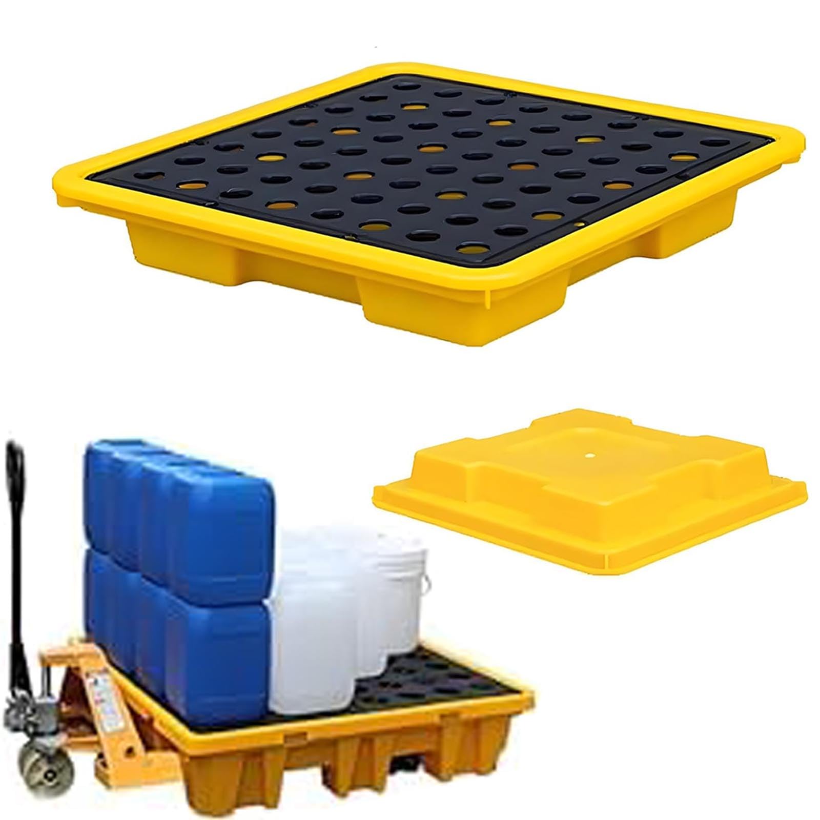 SGKOMN Heavy-Duty Modular Spill Containment Tray for 1/2/4 Drums Polyethylene Spill Platform with Grating Forklift Compatible 130×68×30cm Ideal for Oil & Chemical Spills