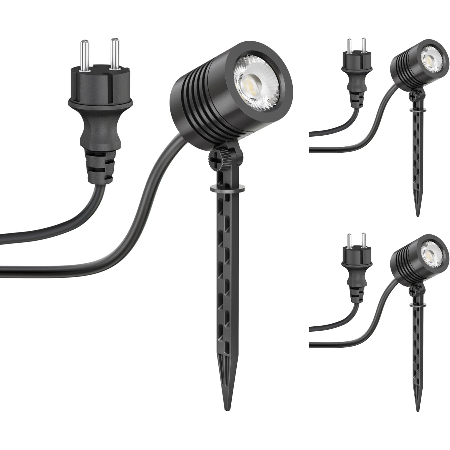 ledscom.de 3x Foco LED pequeño de jardín con piqueta de suelo TARL para exteriores, IP65, enchufe, negro, 4,3 W, 340 lm, blanco cálido