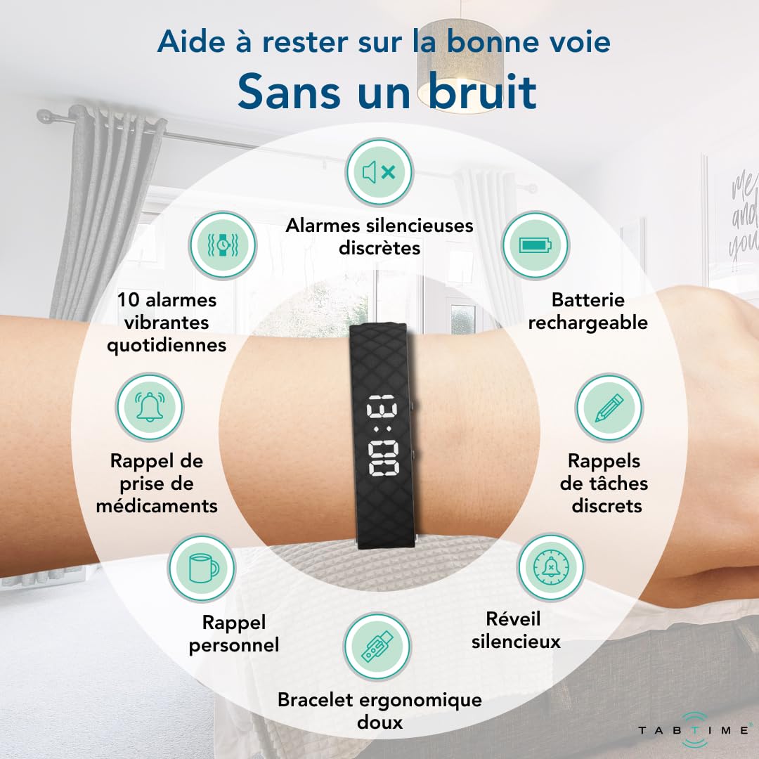 TabTime Montre de Rappel d’Alarme vibrante (Instructions en français) - jusqu'à 10 alarmes personnelles ou rappels de Pilule par Jour