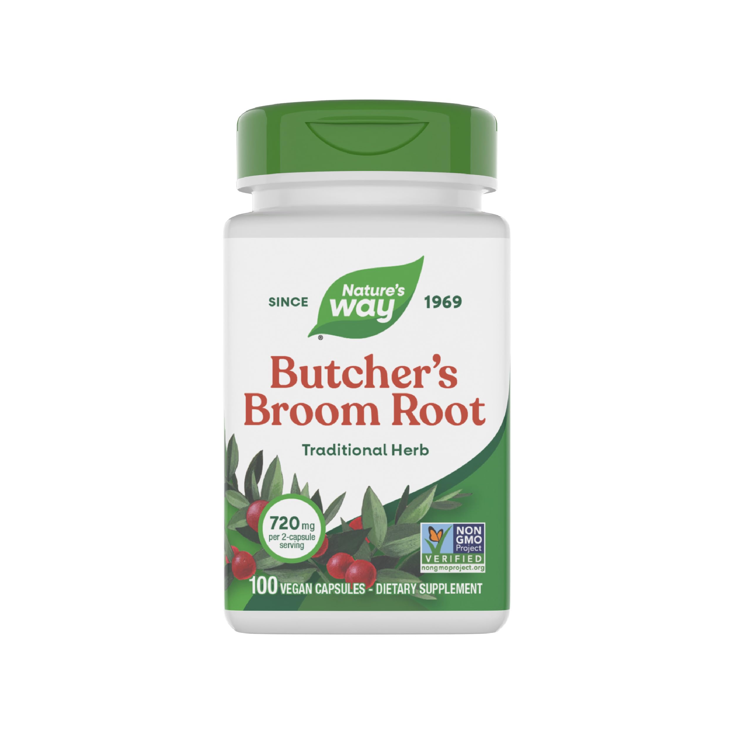 Nature's Way Butcher’s Broom, Traditional Herb, 720 mg per 2-Capsule Serving, Non-GMO Project Verified, 100 Vegan Capsules (Packaging May Vary)