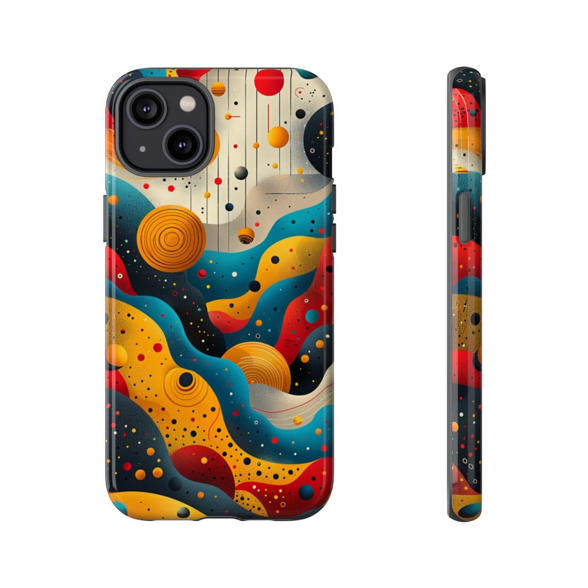 Coque rigide iPhone 14 Plus jaune motif vagues cosmiques brillantes