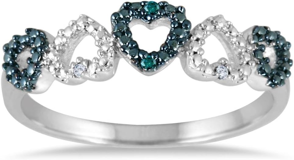 0.03 CTTW 925 Sterling Silver White & Blue Diamond Heart Band, Stackable Rings For Women