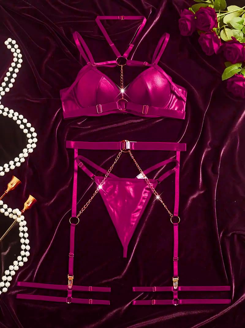 Avidlove Lingerie Set for Women Sexy Strappy 5 Piece Lingerie Garter with Underwire Push Up Bra and Chain: Small Hot Pink