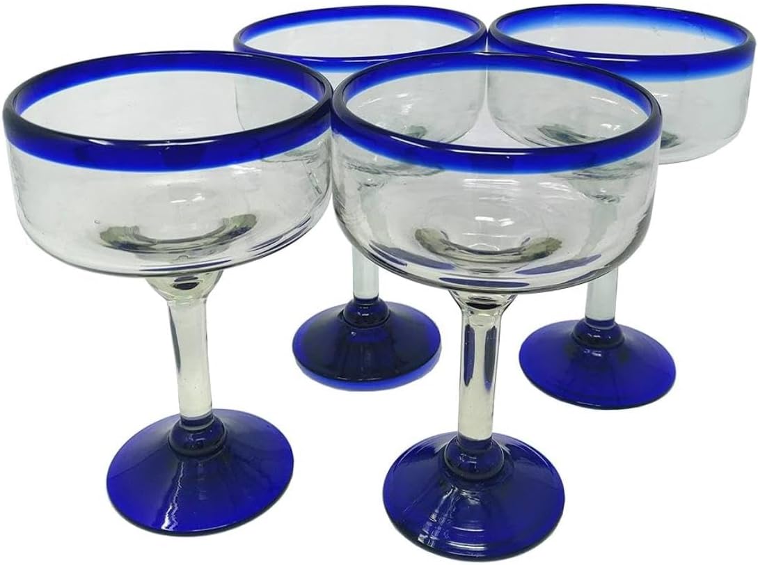 Hand Blown Margarita Glasses with Cobalt Blue Rim and Base, Set of 4