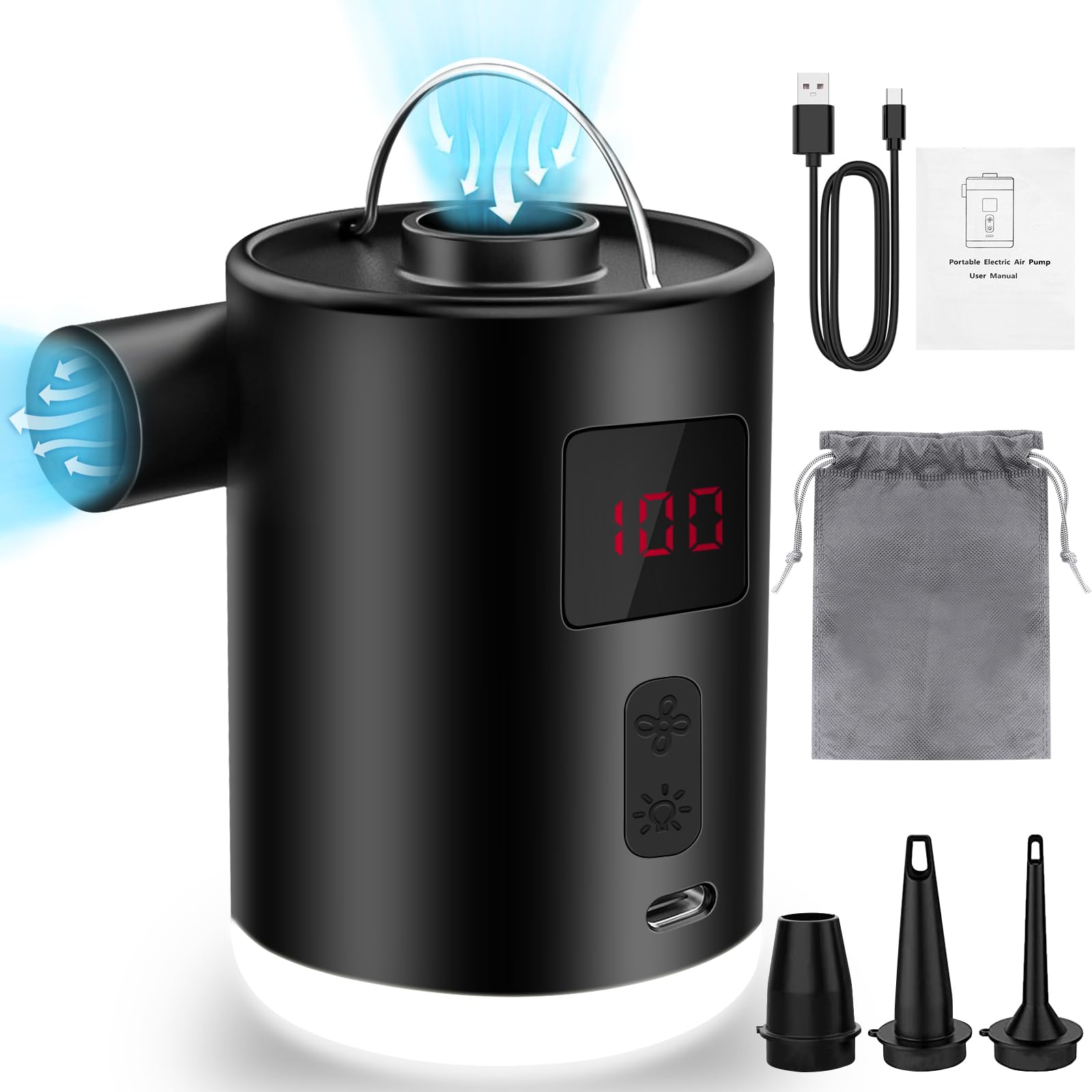 Bomba de Aire Eléctrica 4000mAh Batería Recargable con 3 Boquillas, Inflador Eléctrico Portátil, con Fuente de Luz, se Puede Colgar, Adecuado, para Barco Inflable Piscinas Colchones de Cama, Inflador