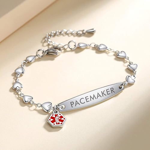 Miniatura 2 de mnmoom Pulseras de alerta médica para mujeres 6.5-8 pulgadas ajustables corazón links pulseras médicas con grabado