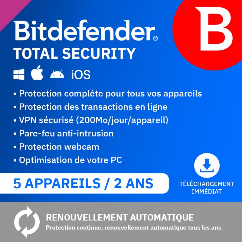 Bitdefender Total Security| 5 Appareils | 2 Ans | PC/Mac/iOS/Android | Code d’activation par email | Renouvellement Automatique