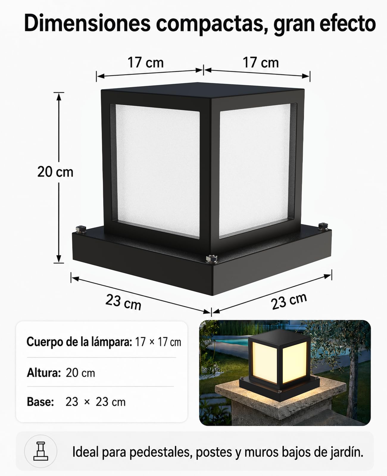 Farola Exterior Jardín E27, Lámpara de Sobremuro IP65 de Metal, 15W LED 3000K/4000K/6000K, Baliza Exterior Cuadrada para Muro, Camino, Terraza, Patio y Valla, Negro