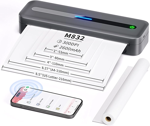 COLORWING Impressoras portáteis M832 sem fio para viagens, mini impressora compacta 300DPI sem tinta, impressora térmica Bluetooth compatível com smartphone Android e iOS, tablet e laptop - cinza
