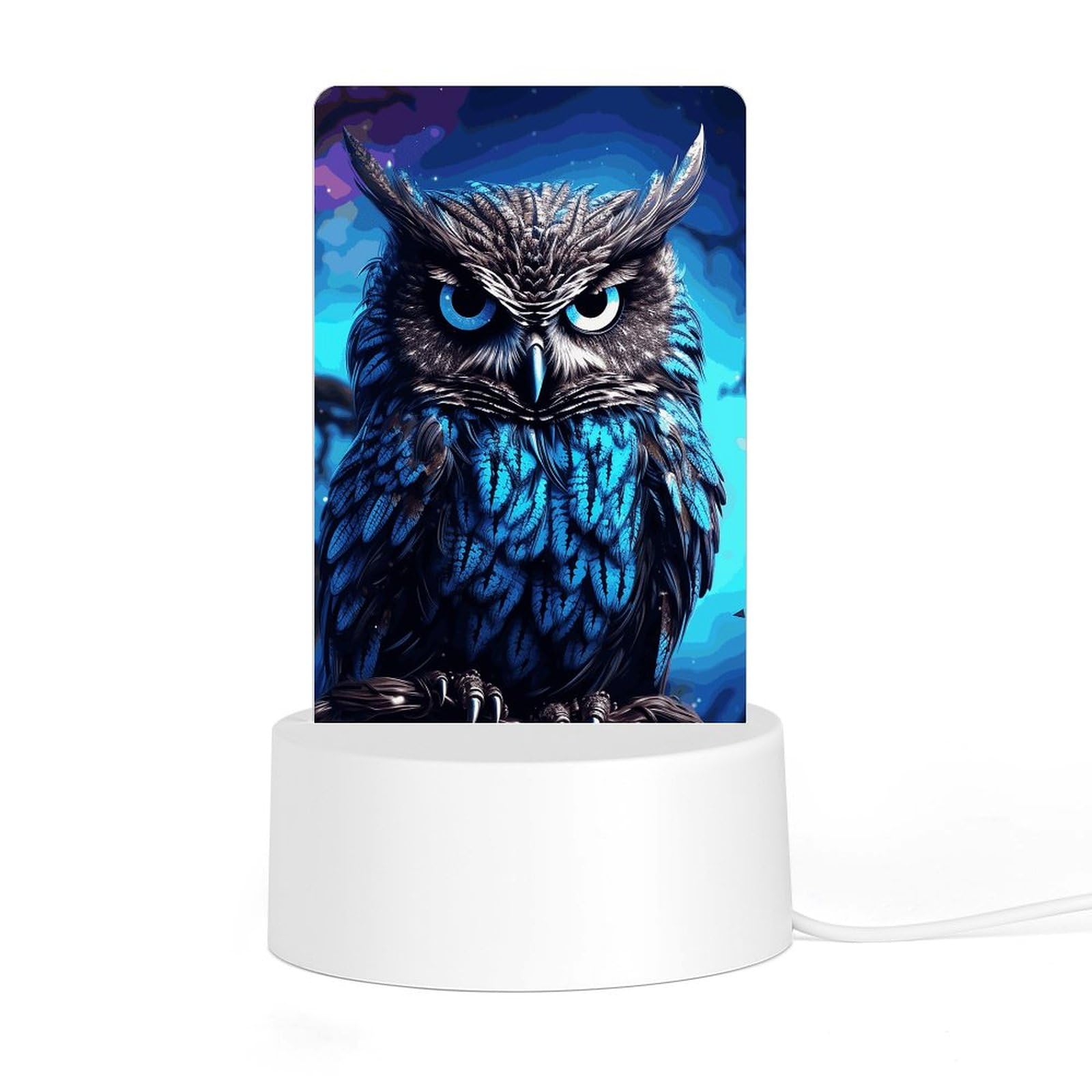 JTREHY Acrylic Night Light with Base, Blue Owl Printed Desktop Night Light LED Bedside Night Light for Bedroom, Bathroom, Corridor, Holiday Gift