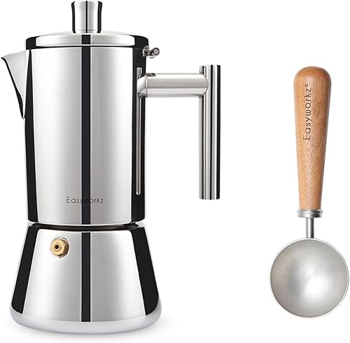 Easyworkz Diego - Cafetera de café expreso para estufa, 4 tazas, 6.8 onzas, con cuchara de café retro de acero inoxidable con mango de nogal negro,