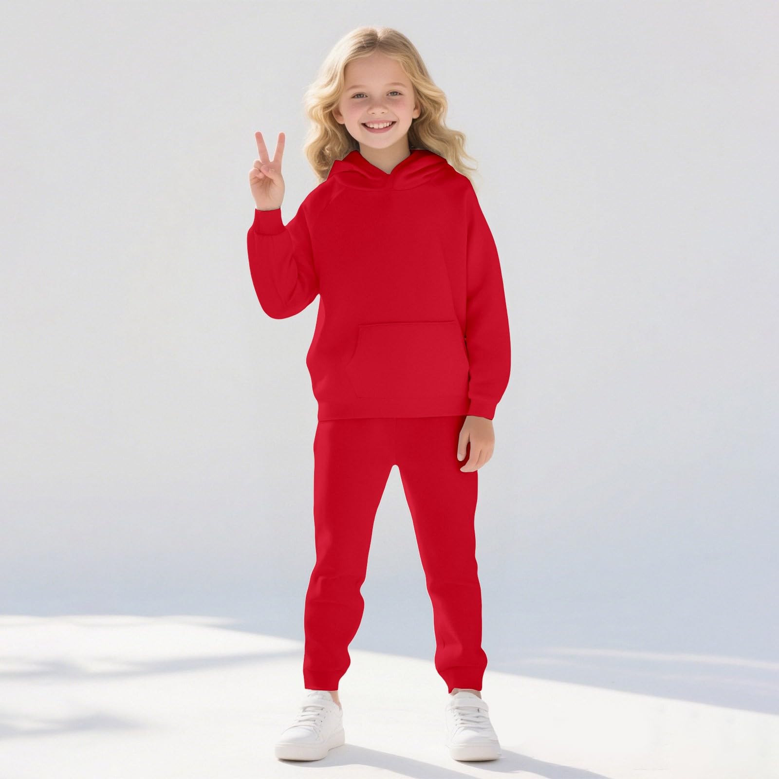 Tuta da ragazza, set da 2 pezzi, tinta unita, casual, a maniche lunghe, con cappuccio, pantaloni della tuta, pullover e pantaloni sportivi