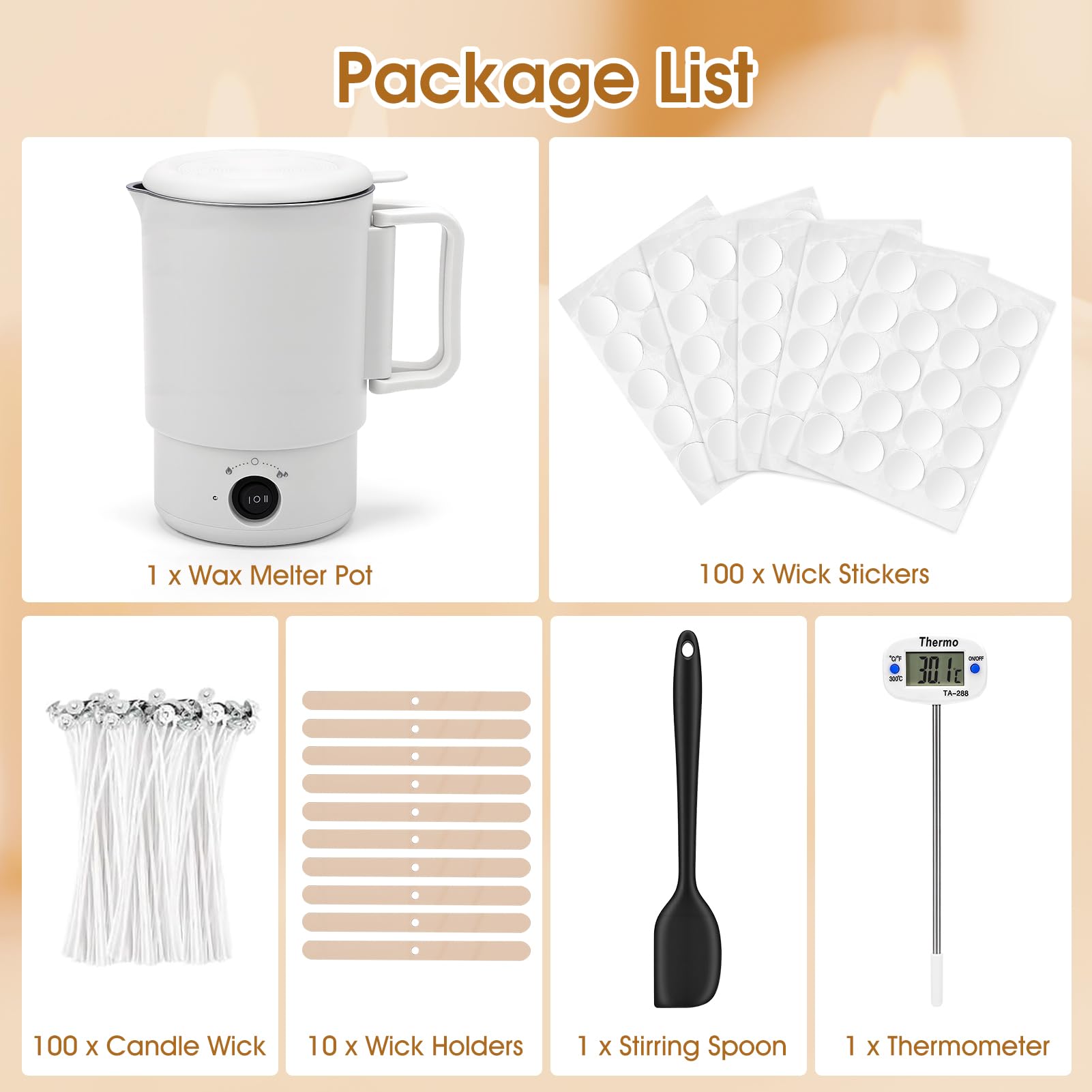HISUEKIG Fondeur de Cire Bougie Électrique 800ml 600 W, Kit Fabrication Bougie Fondoir Cire Bougie pour la Fabrication de Bougies avec 100 Mèches, Thermometre Bougie, Cuillère à Mélanger
