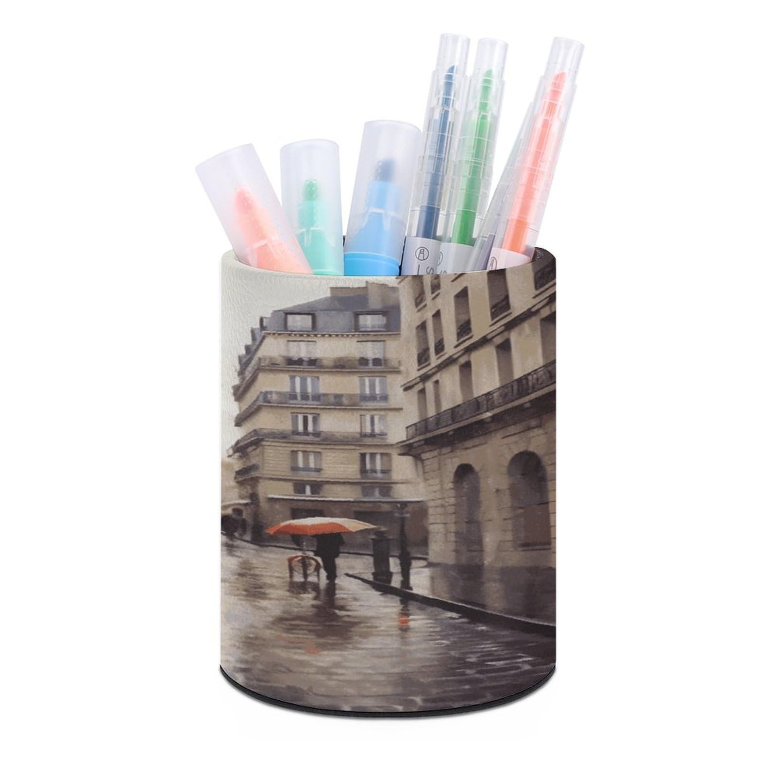 FekiLoot Rainy Street in Paris Pen Holder Personalized Desktop Pencil Holders Case Office Accessories Container Box for Round Pen Cup Desktop Organizer Makeup Brush Holder Caddy Storage