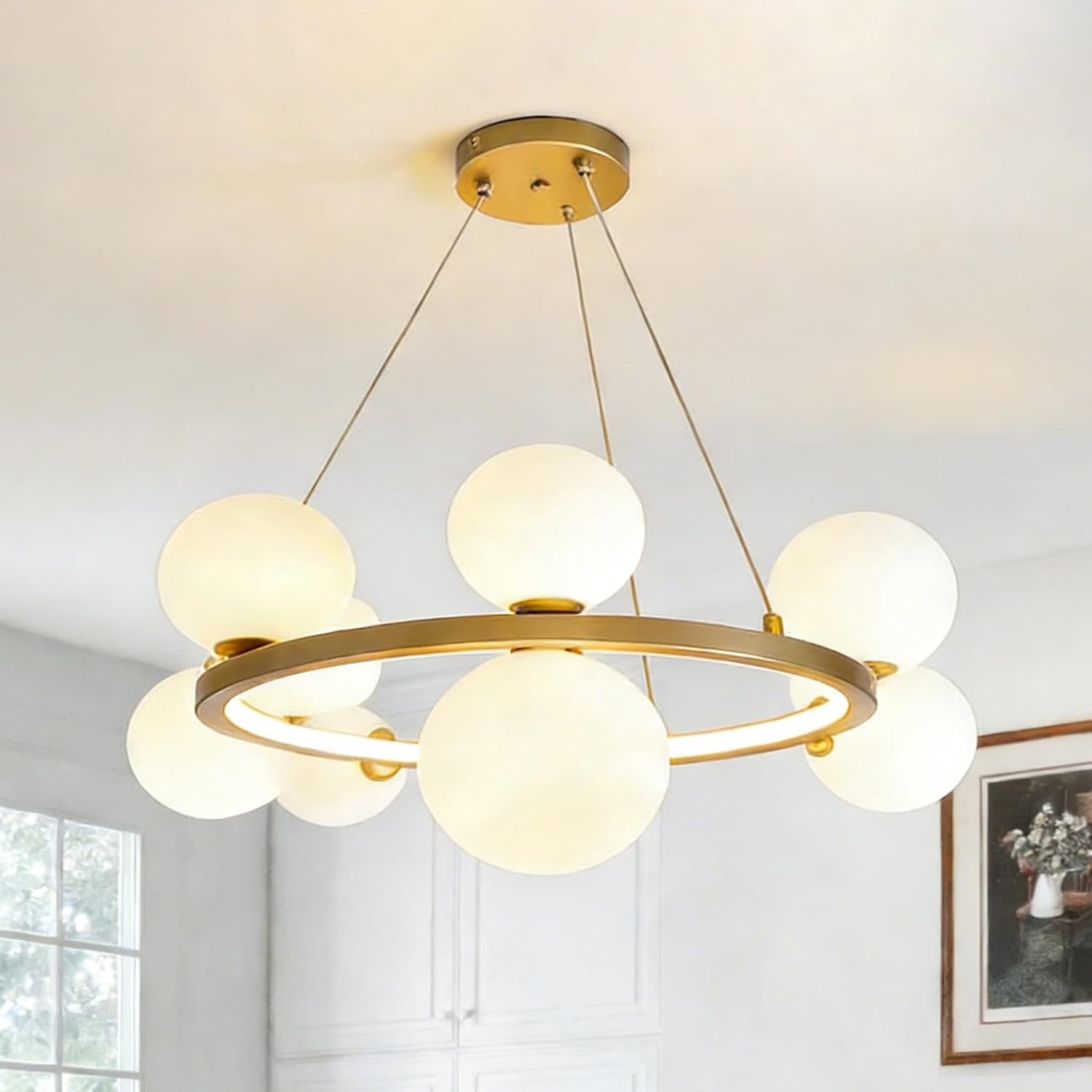 Modern Bubble Globe Chandelier, 8-Lights Ball LED Hanging Ceiling Lamp Flush Milk White Glass Round Pendant Light Fixtures Over Table for Dining Living Room, Gold Sputnik Chandeliers Indoor Lighting