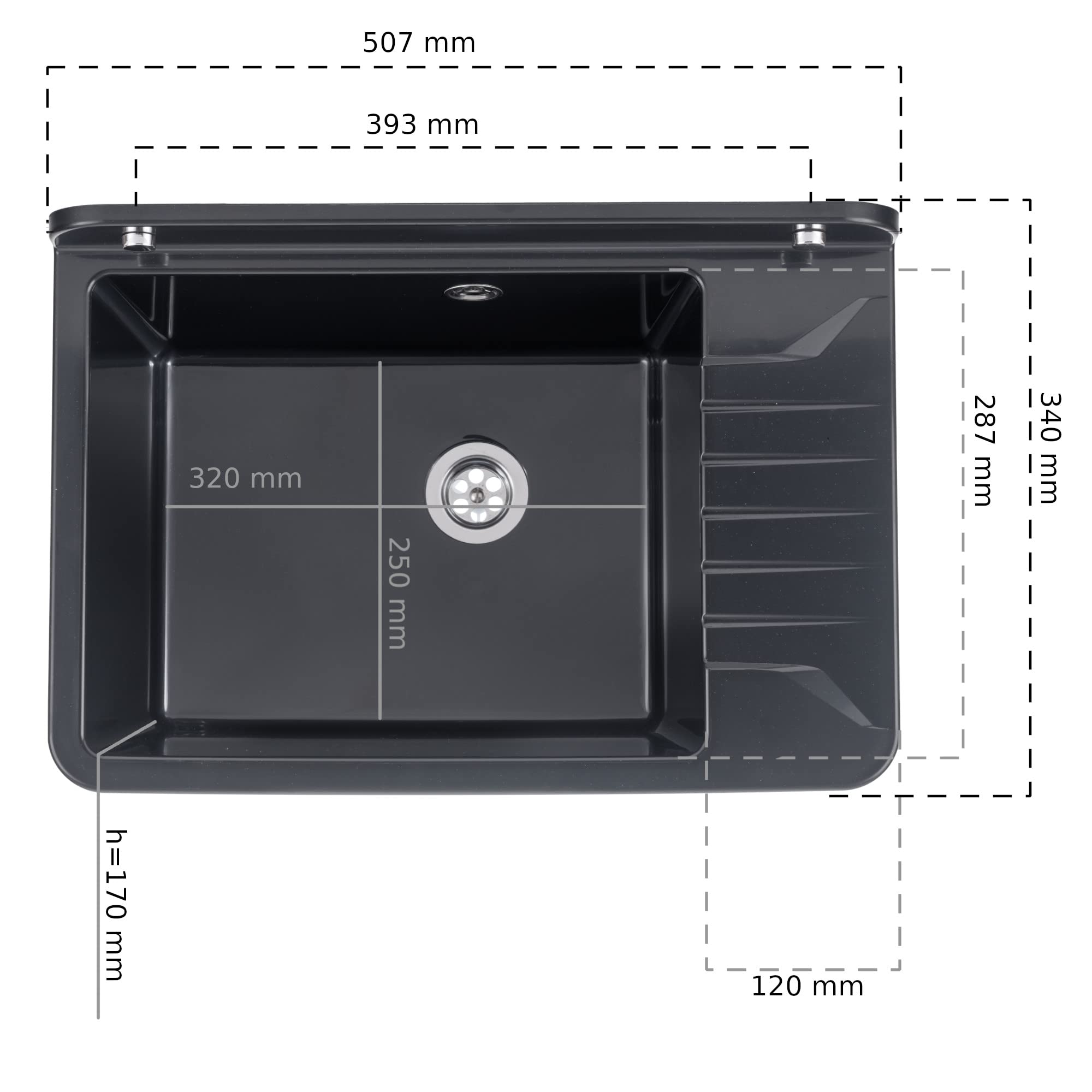botle Lavabo con sifón fregadero de plástico negro granito color, 50 cm de longitud colgar instalación de agua cocina baño resistente