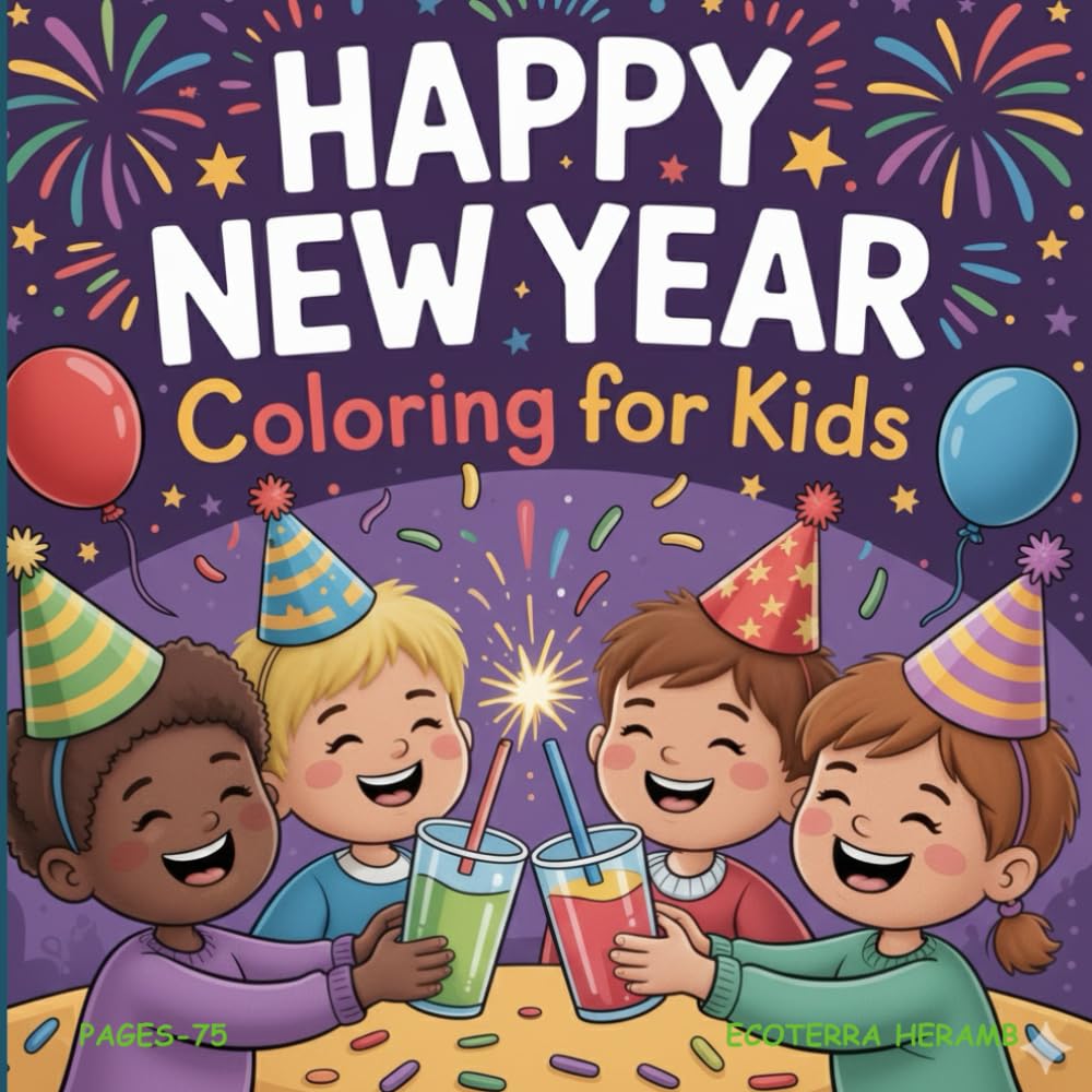 Happy New Year 2025 Coloring Book for Kids: Fun & Festive Coloring Pages to Celebrate New Year 2025 Fireworks, Balloons, Cute Animals & Holiday Fun for Ages 3–8