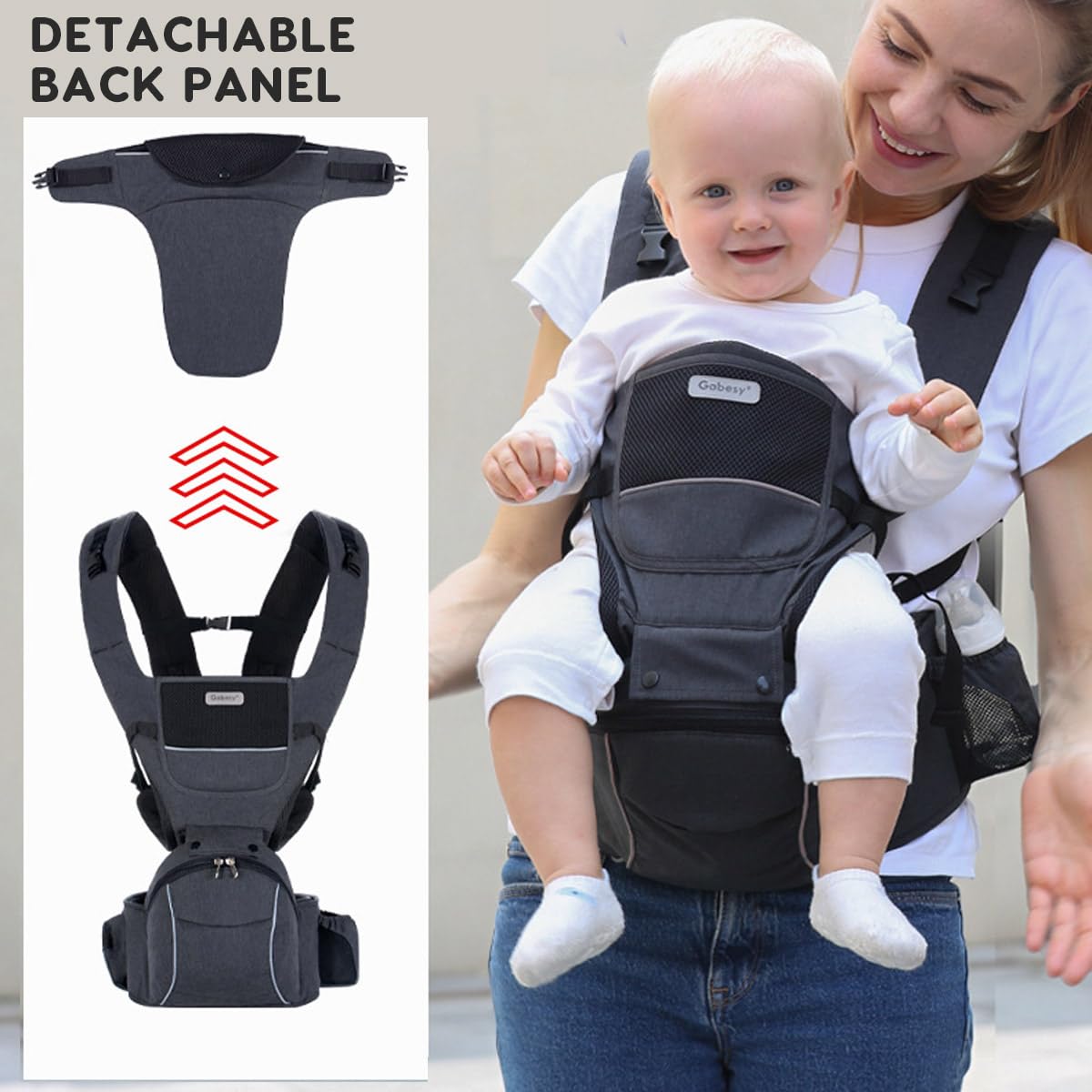SONARIN 3 in 1 Multifunzionale Marsupio Neonati con Sedile,Portantina Ergonomico Porta Bambino Fascia Porta Bebè con Funzione di Portaoggetti,Multi-Posizioni per 0-36 Mesi(Nero)