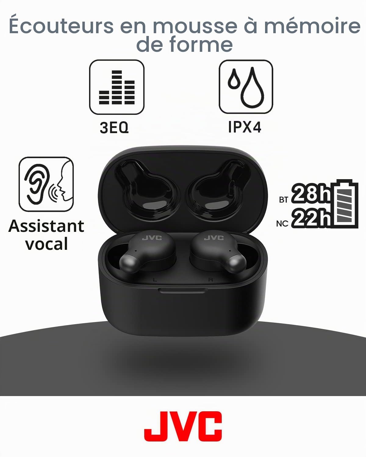 JVC True Wireless écouteurs avec réduction de Bruit, Confortables et Design, Embouts en Mousse à mémoire de Forme, 3 Modes sonores, Bluetooth 5.3, Autonomie 28H, HA-Z250T-B (Black)
