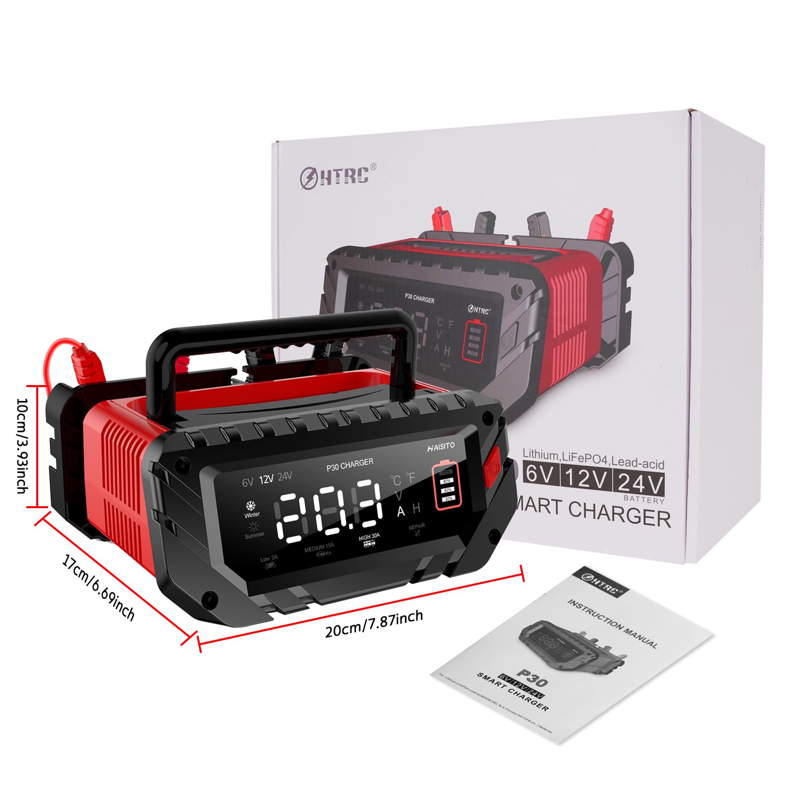 Cargador de batería de coche P30 de 6 V/12 V/24 V, carga rápida inteligente para baterías de iones de litio LiFePO4 de plomo-ácido (AGM, gel, EFB, etc. ), adecuado para vehículos, barcos, maquinaria