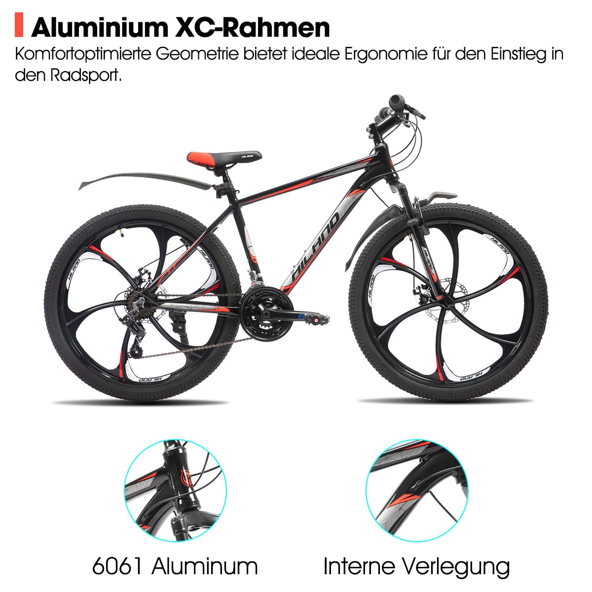 HILAND 26 Zoll Mountainbike für Erwachsene, 3/6 Speichenrad 18 Gang Herren Damen Mountainbike mit Doppelscheibenbremse, 26 Zoll MTB Aluminiumrahmen Fahrrad