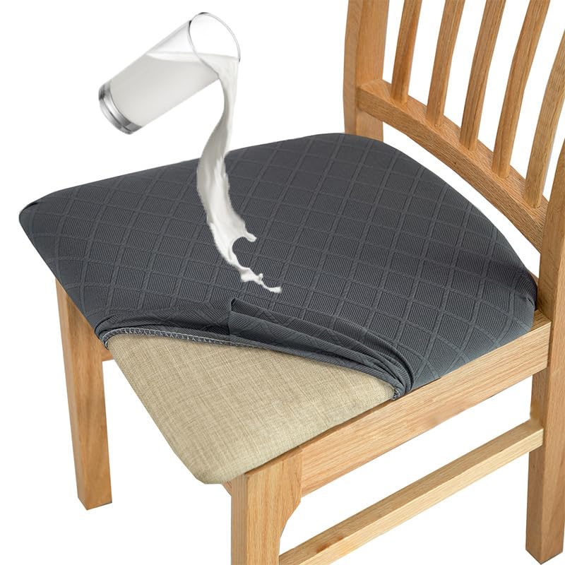 MOLVCE Jacquard Esszimmerstuhl Sitzbezüge 4er Set, TPU Laminiert Wasserdicht Stuhlhussen, Stretch Sitzkissenbezug Abnehmbare und Waschbare, Stuhlbezug für Küchen, Bankette, Hotel, Dunkelgrau