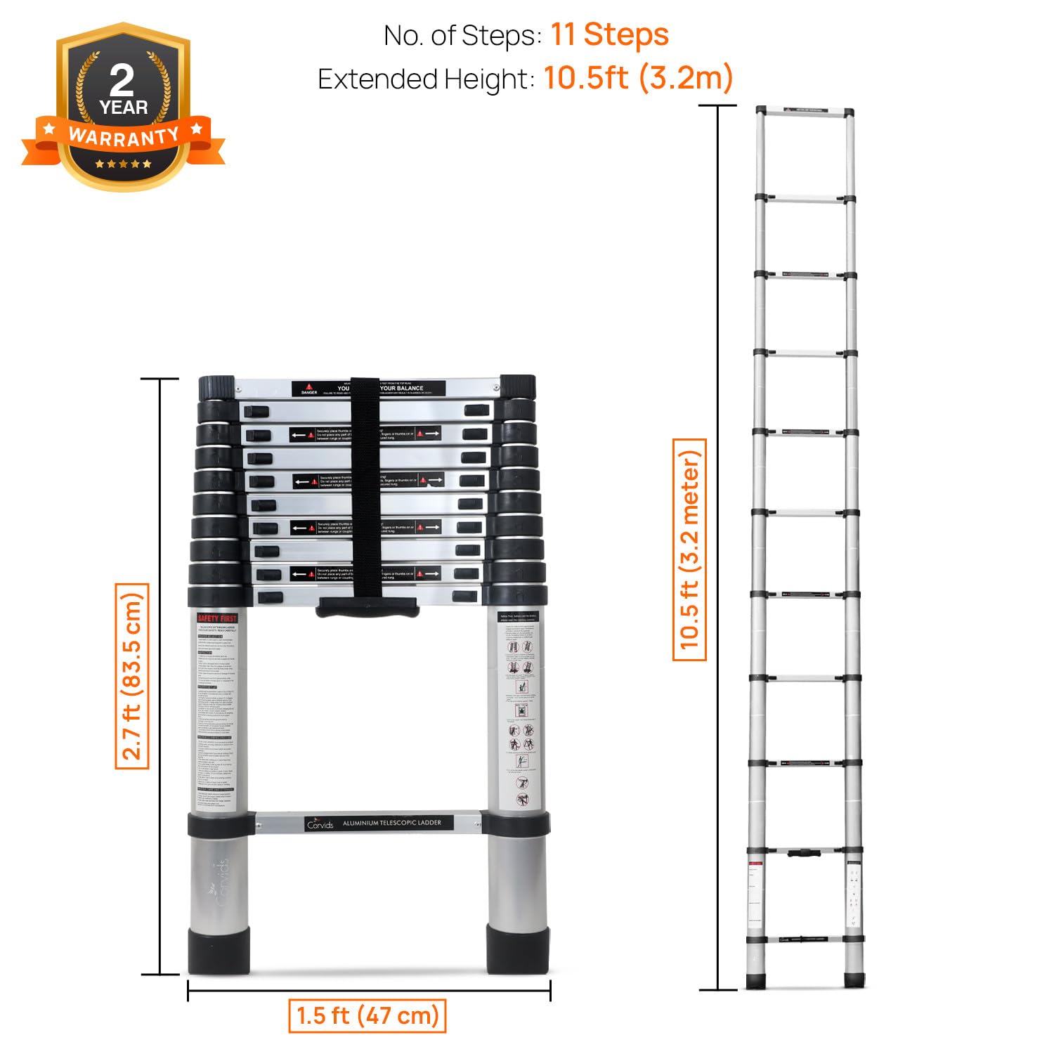 Corvids 3.2m (10.5 feet) Portable & Compact Aluminum Telescopic Ladder | 2-Year Warranty | EN131 Certified 11-Steps Foldable Multipurpose Step Ladder for Home & Outdoor use 1