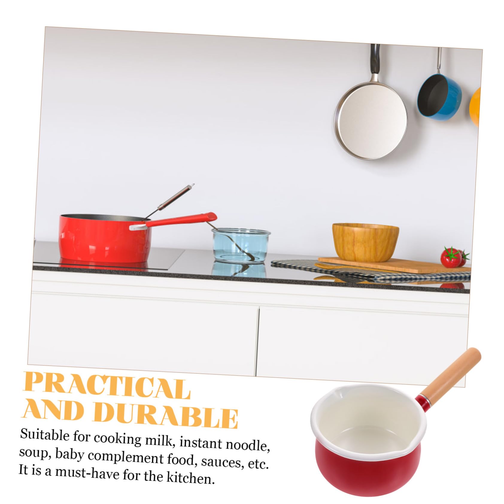 Pentola per Latte Smaltata 15Cm Doppio Beccuccio Manico Ergonomico Antiscottatura Adatta per Cottura di Noodles Salse Dessert e Alimenti per Bambini