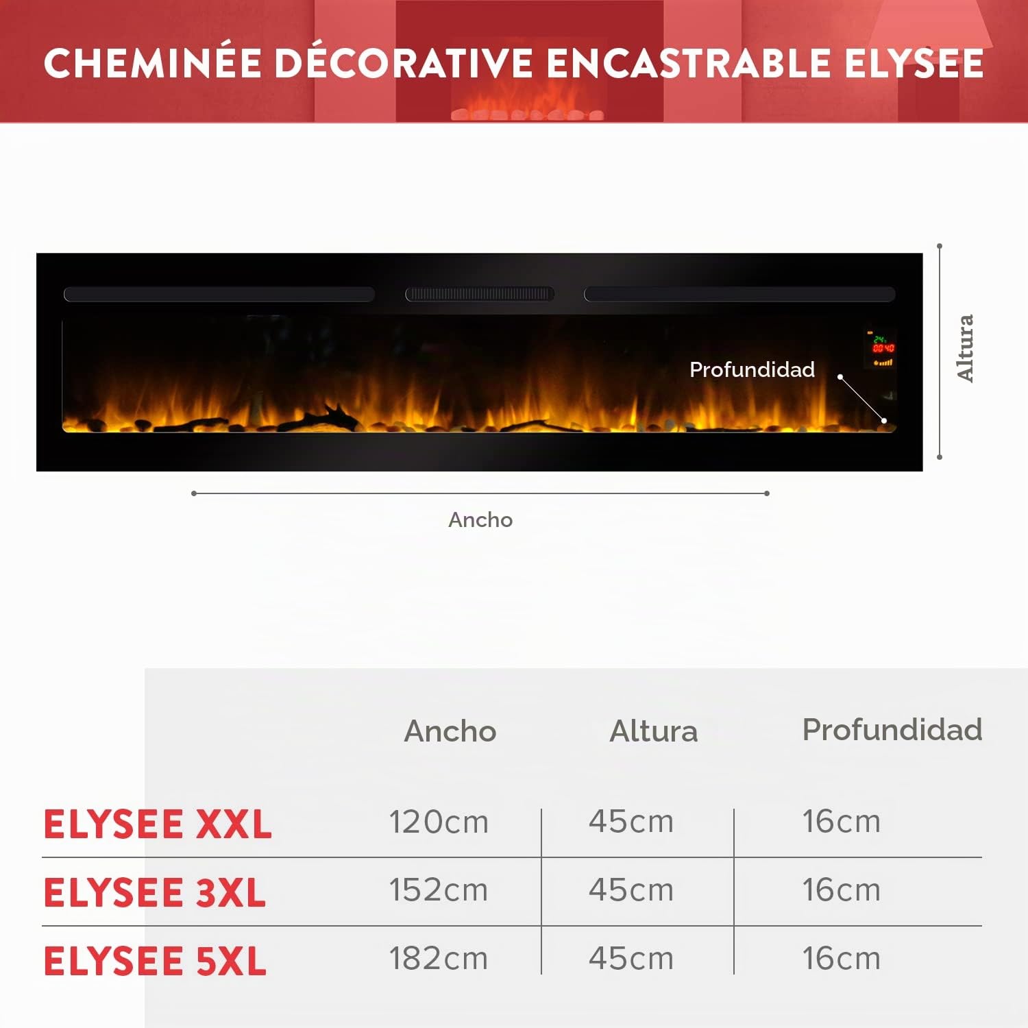CHEMIN'ARTE Chimenea eléctrica empotrable con calefacción Elysee 3XL 150cm, Efecto de Llama Leds- Chimenea Decorativa de Pared bajo Consumo - Mando a Distancia
