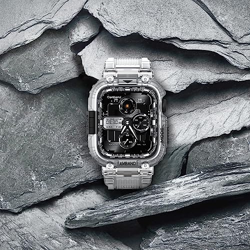 Image of amBand Bands Compatible with Apple Watch 9 /8 /7 45mm, M1 Sport Series Rugged Case with TPU Strap Military Protective Tough Cover Bumper for iWatch SE3 /SE2 /SE /6 /5 /4 /3 44mm 42mm Men Clear