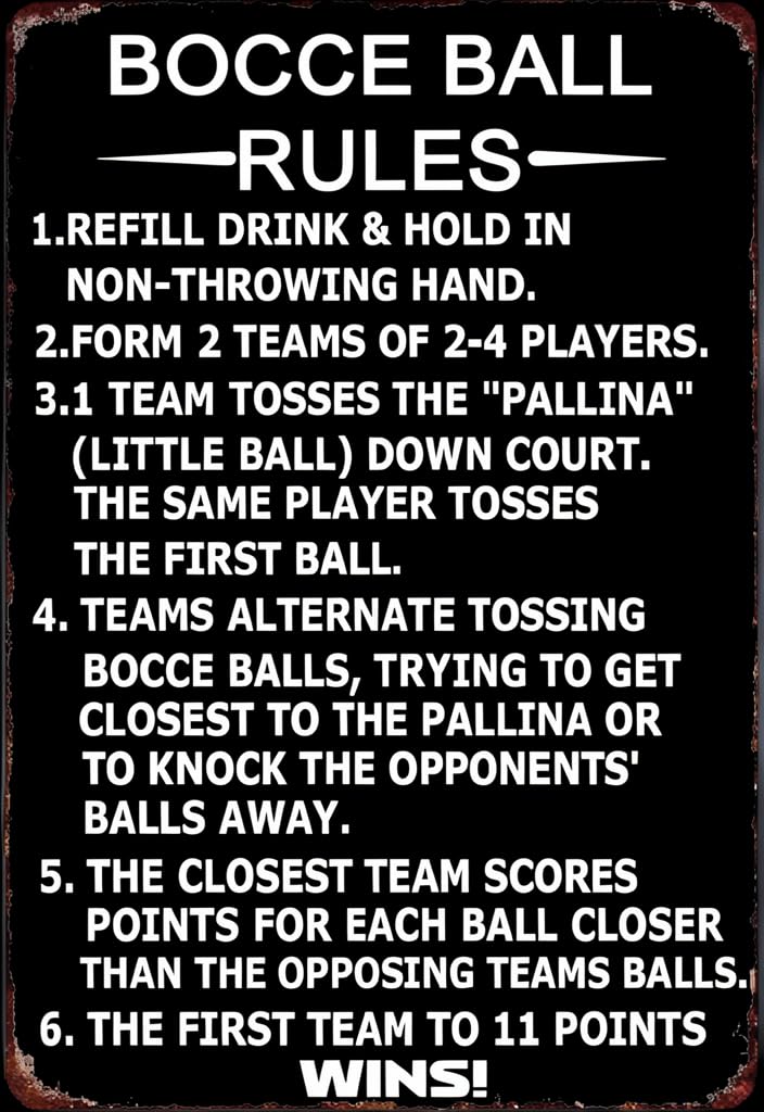 peiyeety Bocce Ball Rules Tin Sign 12x8 Inch – Funny Game Instructions Metal Wall Decor, Vintage Black Rustic Plaque for Backyard Bar, Patio, Man Cave, Game Room – Gift for Bocce Players