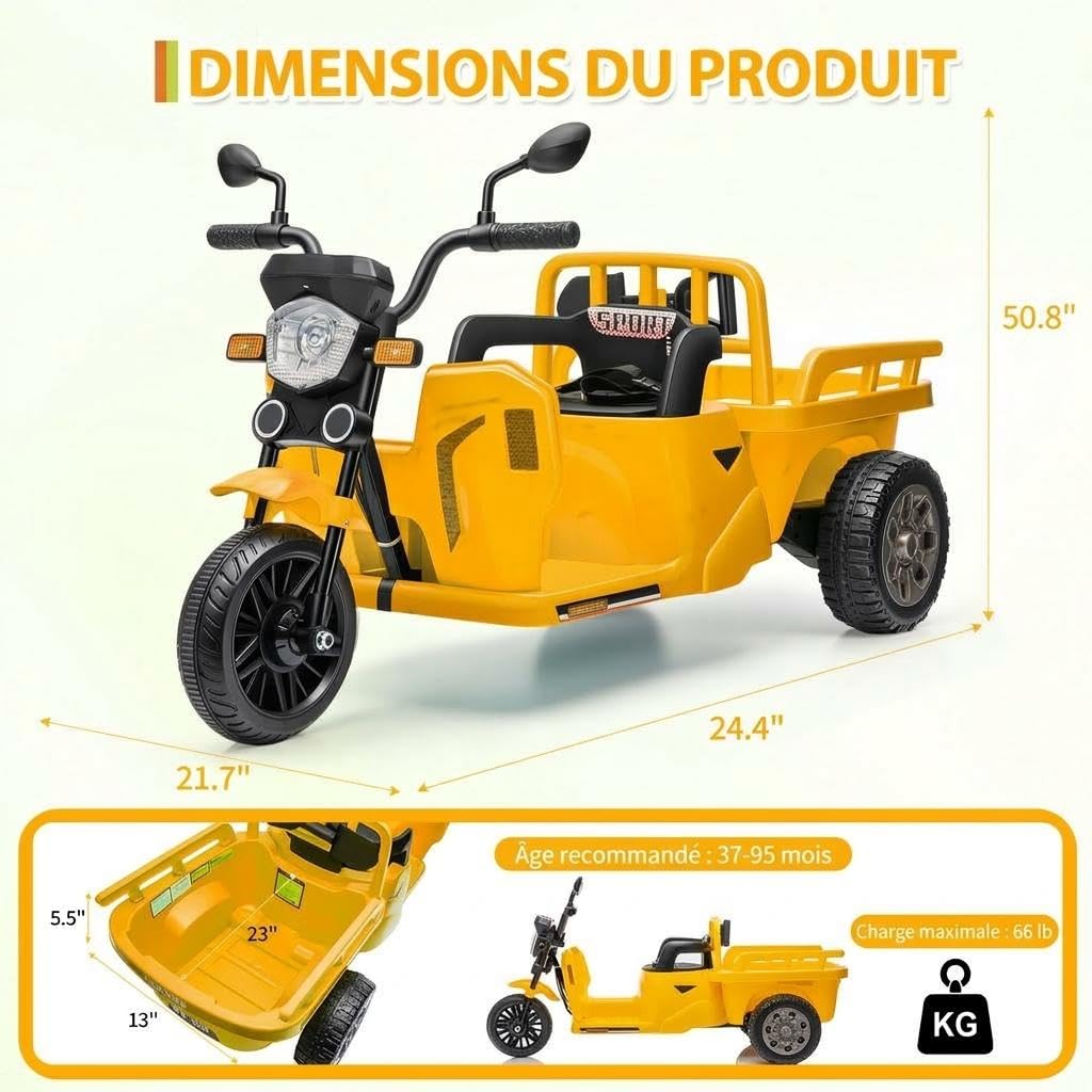 Moto Électrique Enfants avec Remorque et Benne-Pelle, 12V Voiture Électrique Enfants avec Musique et Bluetooth, Tuk-Tuk Électrique Enfant Voyant d'alimentation, LED, USB&AUX, 3+ Ans (Jaune)