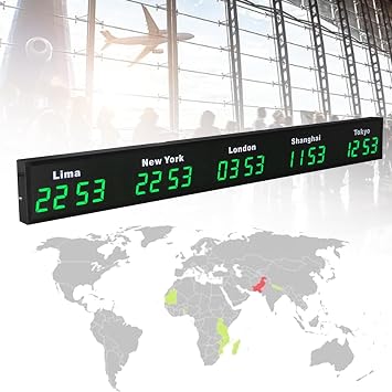 Digital Led World Clock, 3/4/5 Cities Time Zone Wall Mounted City Time Zone World Clock, Aluminum Alloy Material for Home, Hotel, Office, Airports,Green-5City