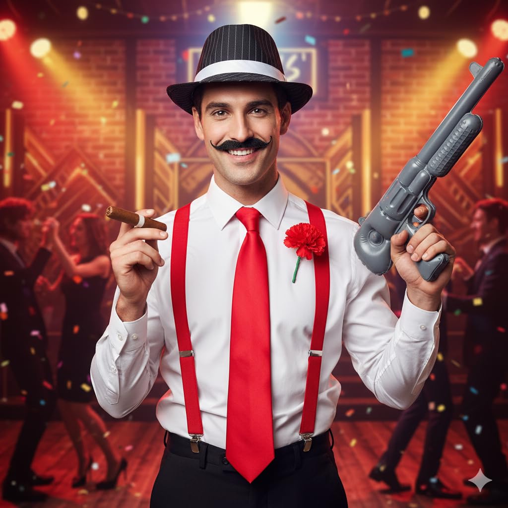 RockParty Gangster Costume Accessory Set 6 Piece 1920s Fancy Dress Kit with Trilby Hat, Tie, Braces, Fake Cigar - Image 3