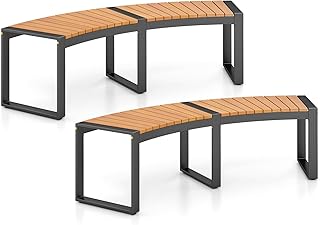 HAPPYGRILL Outdoor Curved Firepit Bench, Acacia Wood Firepit Bench with ...