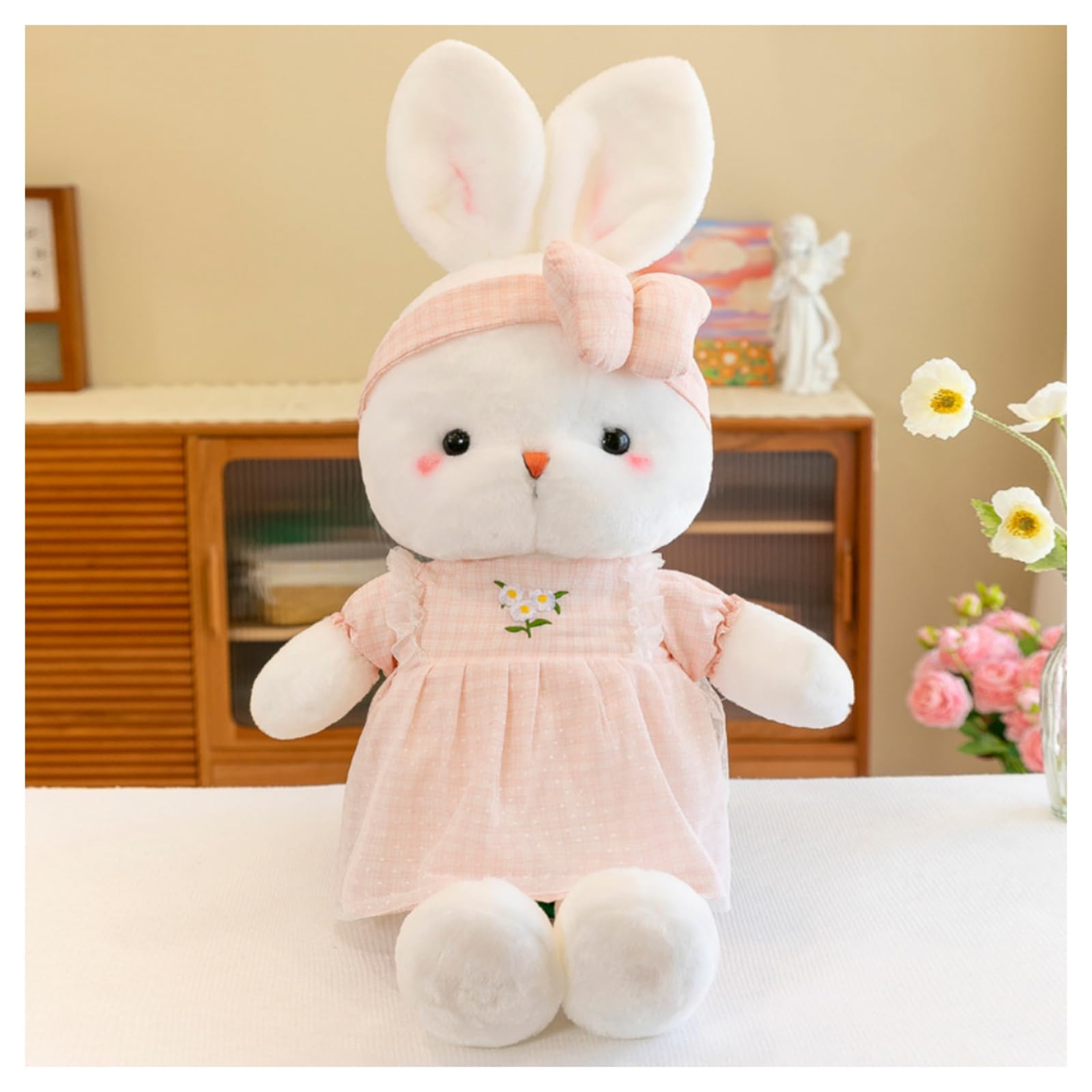 ZBELLO Cute White Bunny Plush Toy with Pink Gingham Dress & Bow, Soft Stuffed Animal Rabbit for Kids Toddlers Girls, Perfect for Bedtime Snuggles Birthday Gifts & Nursery Decor (PINK,60cm)