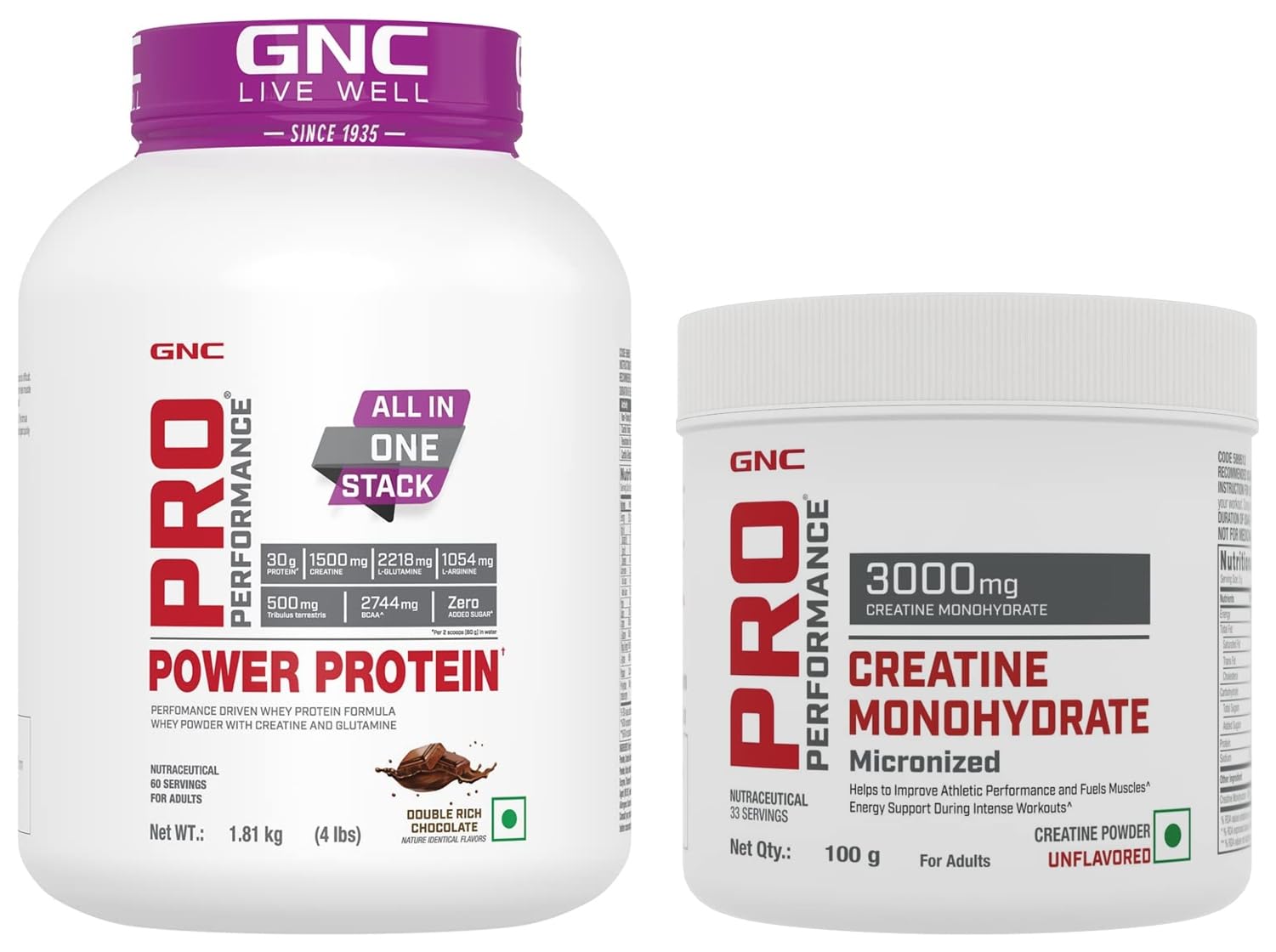 GNC Pro Performance Power Whey Protein| Double Rich Chocolate | 4 Lbs & Pro Performance Creatine Monohydrate, (Unflavoured, 100 Grams Powder) COMBO,1.81 Kilogram
