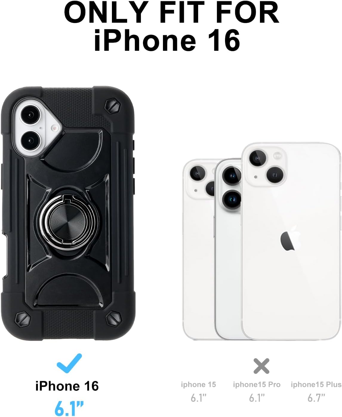 MARKILL Compatible with iPhone 16 Case 6.1 Inch with Ring Stand, Military Grade Drop Protection Full Body Rugged Heavy Duty Case 3 in 1 Protective Durable Cover for iPhone 16 Black - Image 7
