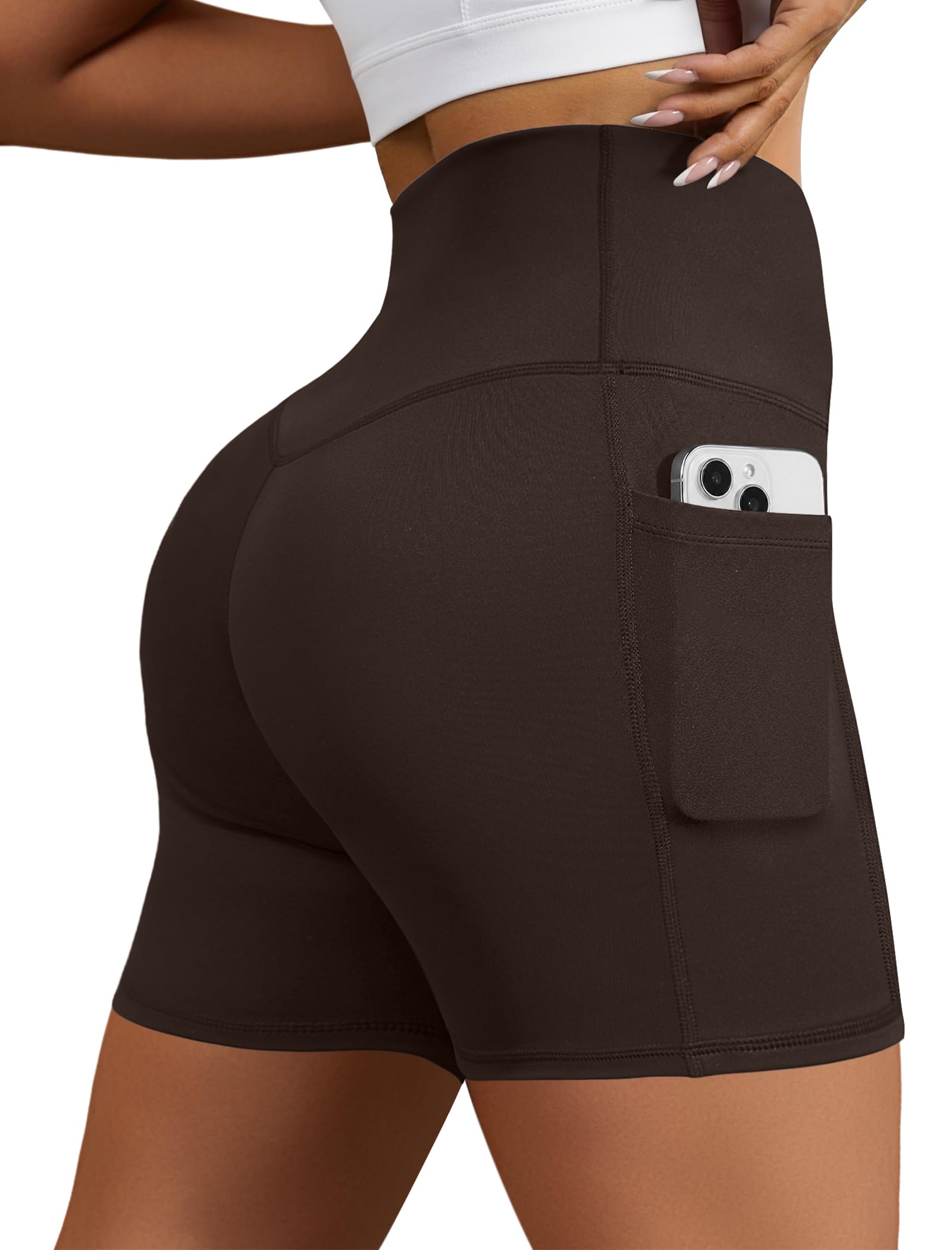 Photo 1 of DLOODA Biker Shorts for Women, High Waisted Yoga Workout Tummy Control Spandex Compression Gym Running Shorts with Pockets Brown