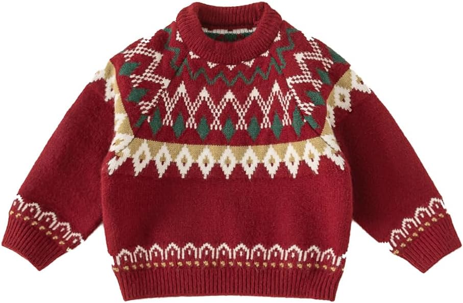 Baby Boys and Girls Christmas Sweater Geometric Designs Nordic - Style Long Sleeve Autumn and Winter Pullover Knitted Top