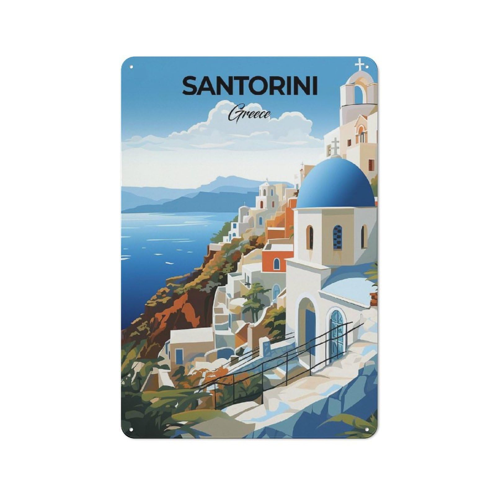 Junmoney Style-23 Retro Metal Wall Sign 30X20cm Featuring Santorini Greece Travel For Garage Wall, For Garage, Workshop And Man Cave Decoration