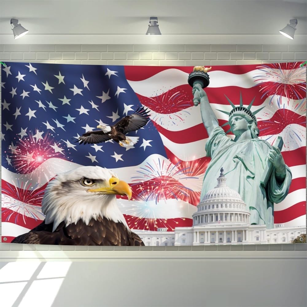 7x16ft Independence Day American Flag Garage Door Banner Cover Stars and Stripes US Flag 4th of July Banner Background Labor Day Veterans Memorial Day Patriotic Party Outdoor Decorations