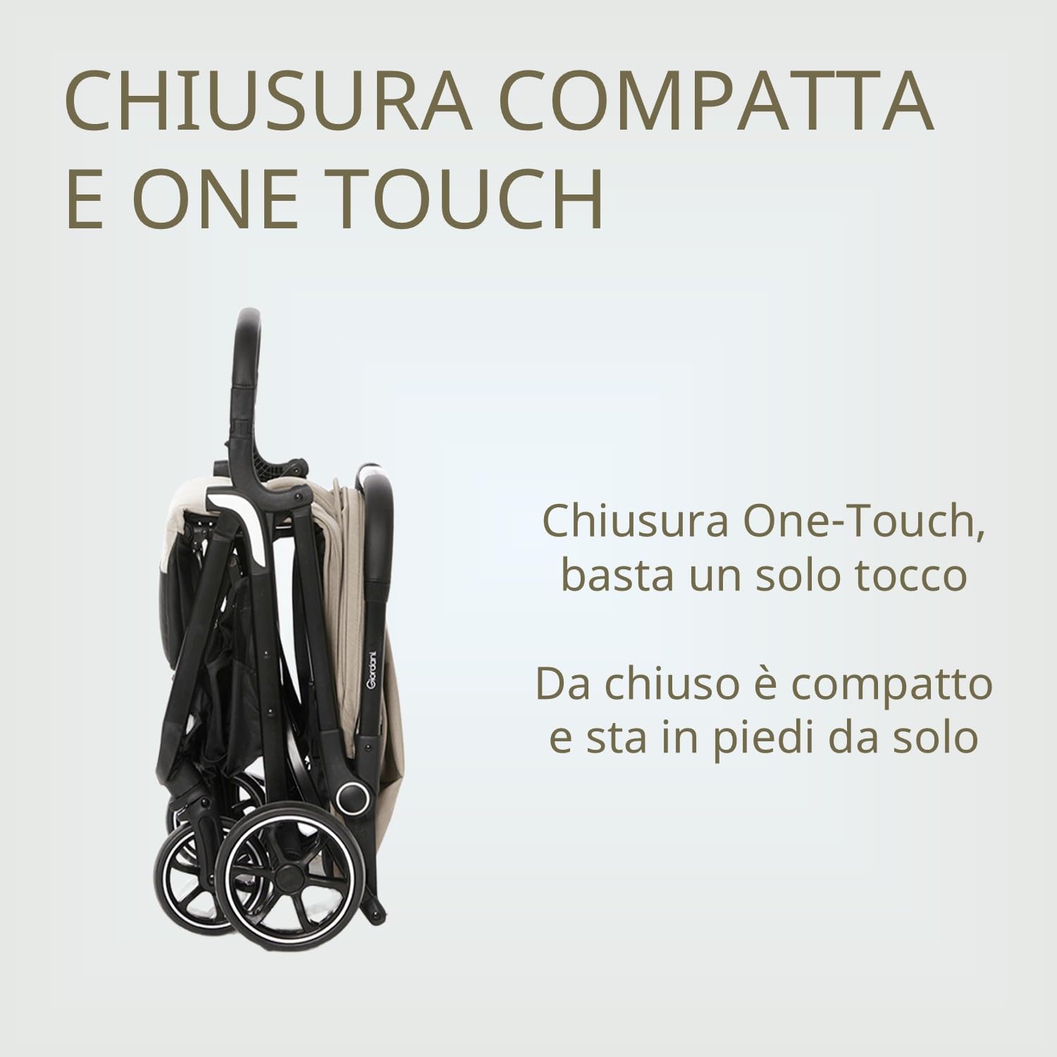 Giordani G-Touch Passeggino Leggero 6.9 kg, Chiusura Automatica One-Touch, da 0 Mesi a 22 kg,Seduta Imbottita, Ruote con Sospensioni e Dettagli in Ecopelle, Compatto e Salvaspazio, Beige