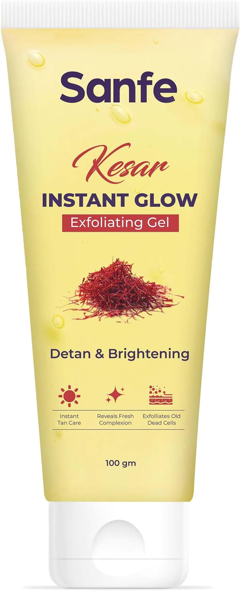 Sanfe Kesar Instant Glow Exfoliating Gel | Visibly removes tan & brighten skin | AHA Exfoliation in Minutes | Smooth & Bright Skin | 100g