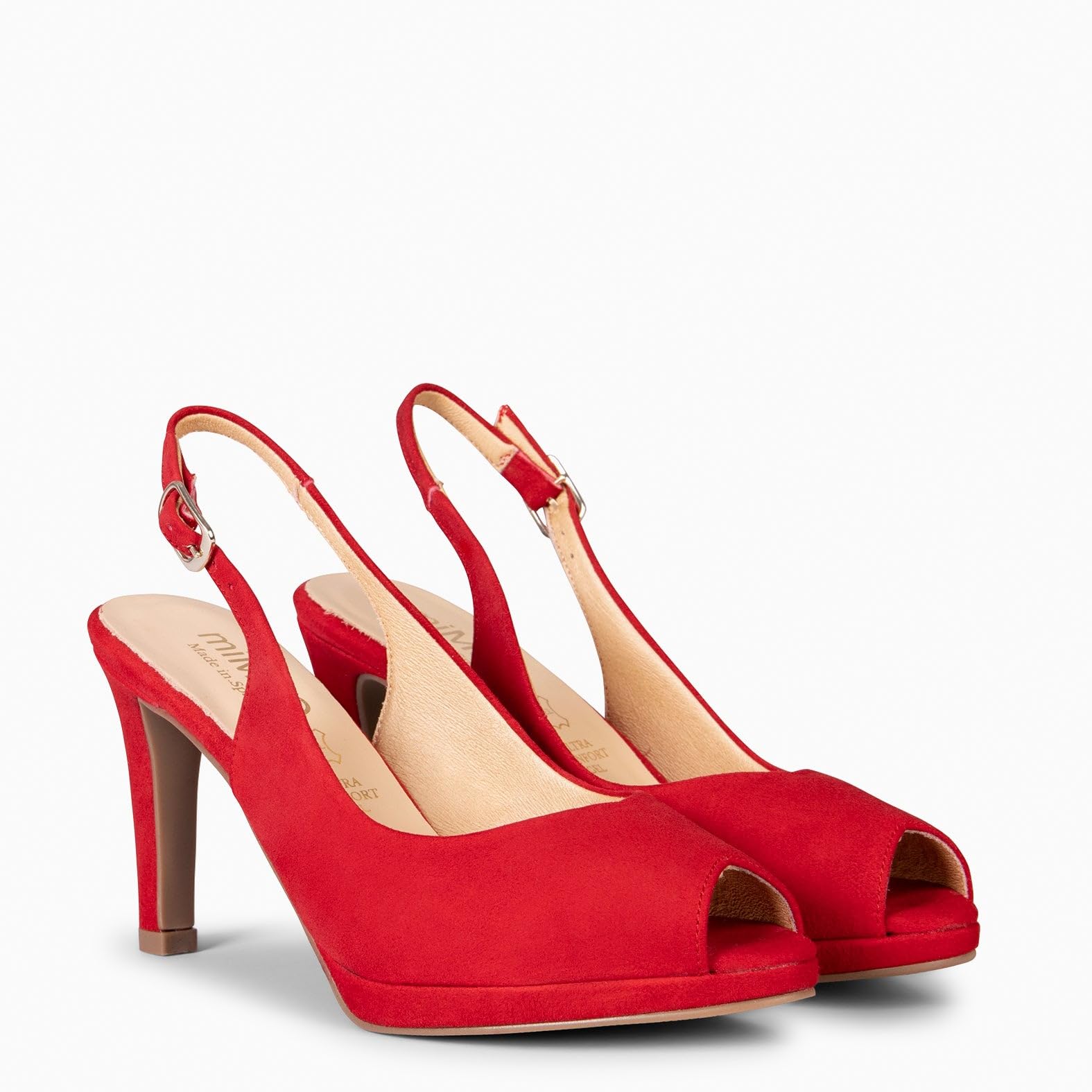 miMaO. Zapatos de Piel y tacón Alto Peeptoes. Tacones cómodos con Plantilla de Gel. Hecho en España