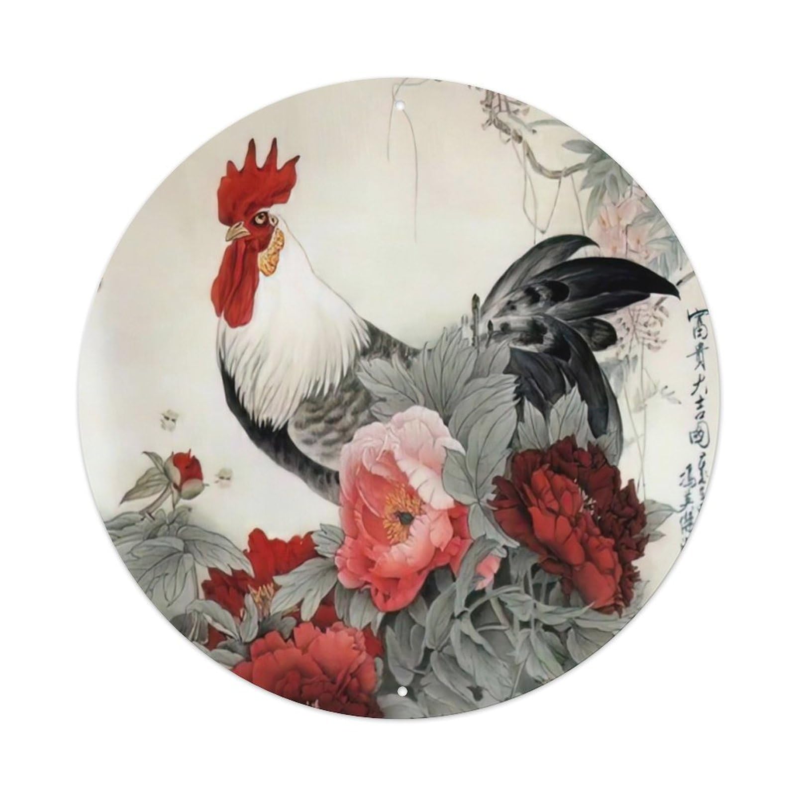 Animal Artwork Rooster And Peonies Vintage Metal Tin Sign Plaque Wall Decor for Cafe, Club Bar, Office, Garden Metal Poster 8x8Inch