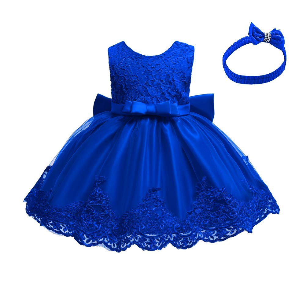 Lace Flower Girls Bowknot Tutu Dress for Kids Baby Christening Baptism Communion Birthday Party Formal Dress Toddler Princess Pageant Wedding Bridesmaid Gown with Headwear Royal Blue 6-9 Months