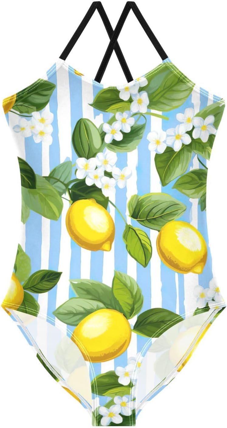 (Similar to) J JOYSAY Lemon Blue White Stripe Girls One Piece Swimsuits One-Piece Bathing Suit Size 2XL